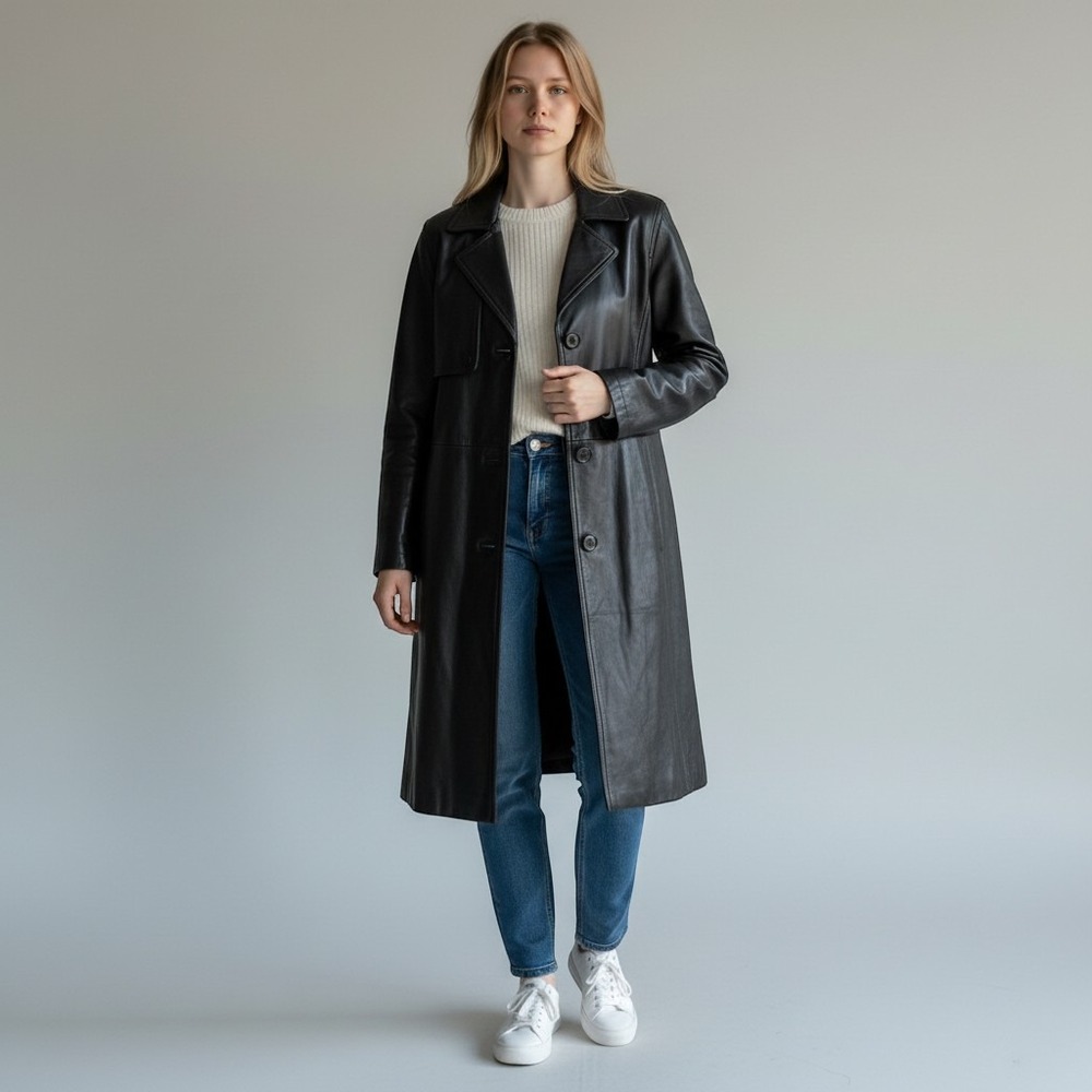 Marc New York Andrew Marc Black Leather Trench Coat 90s Mod Long Jacket Small